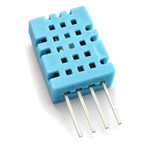Bare DHT11 sensor at a three-quarter angle, light-blue vented housing with 15 grille holes and four straight silver leads
