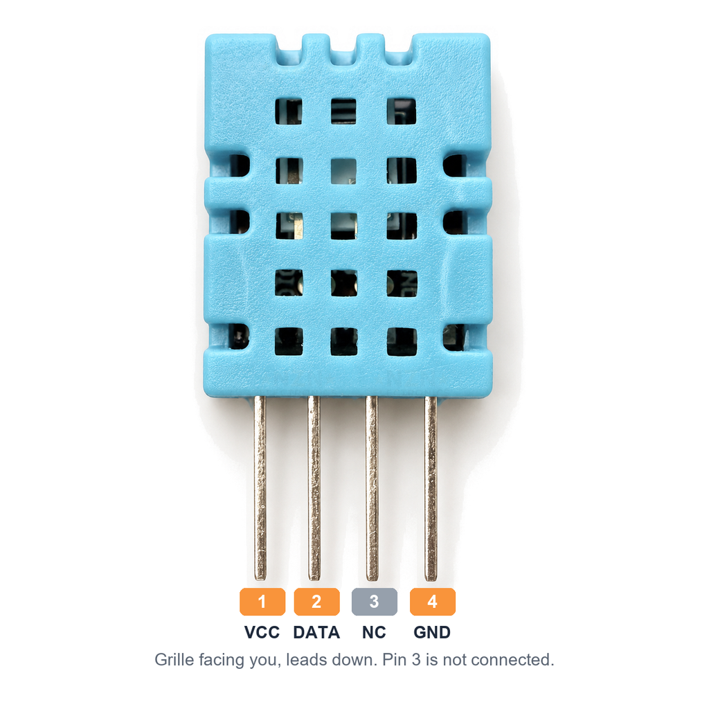 DHT11 grille face with the pins labelled left to right: 1 VCC, 2 DATA, 3 NC (not connected), 4 GND