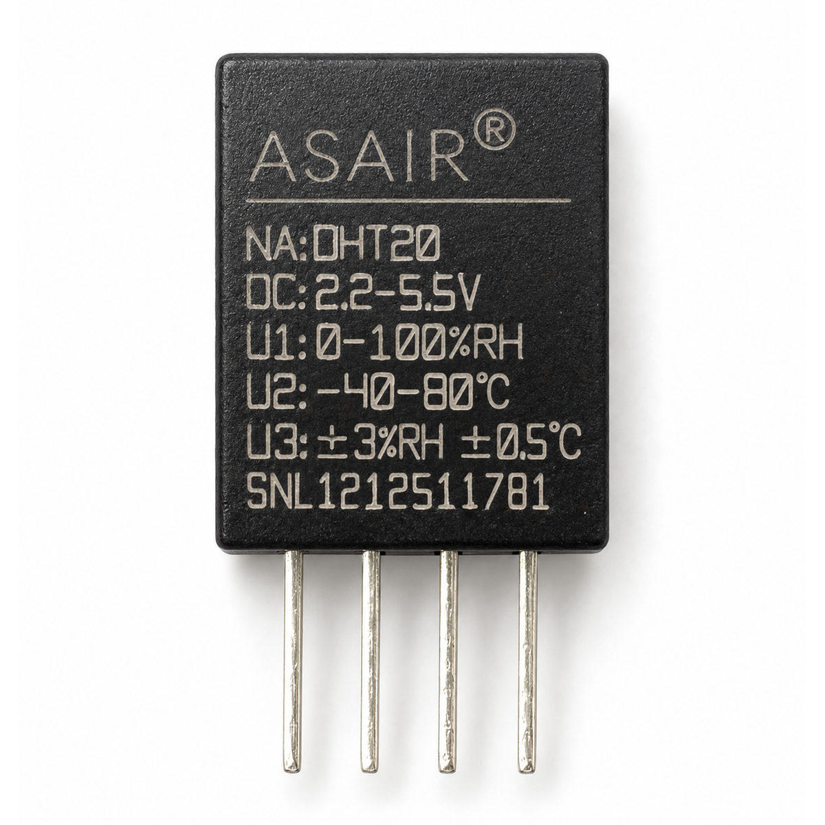 Back of the DHT20 with its laser-marked label: model DHT20, 2.2-5.5V supply, 0-100%RH, -40 to 80 C, ±3%RH ±0.5 C and serial number