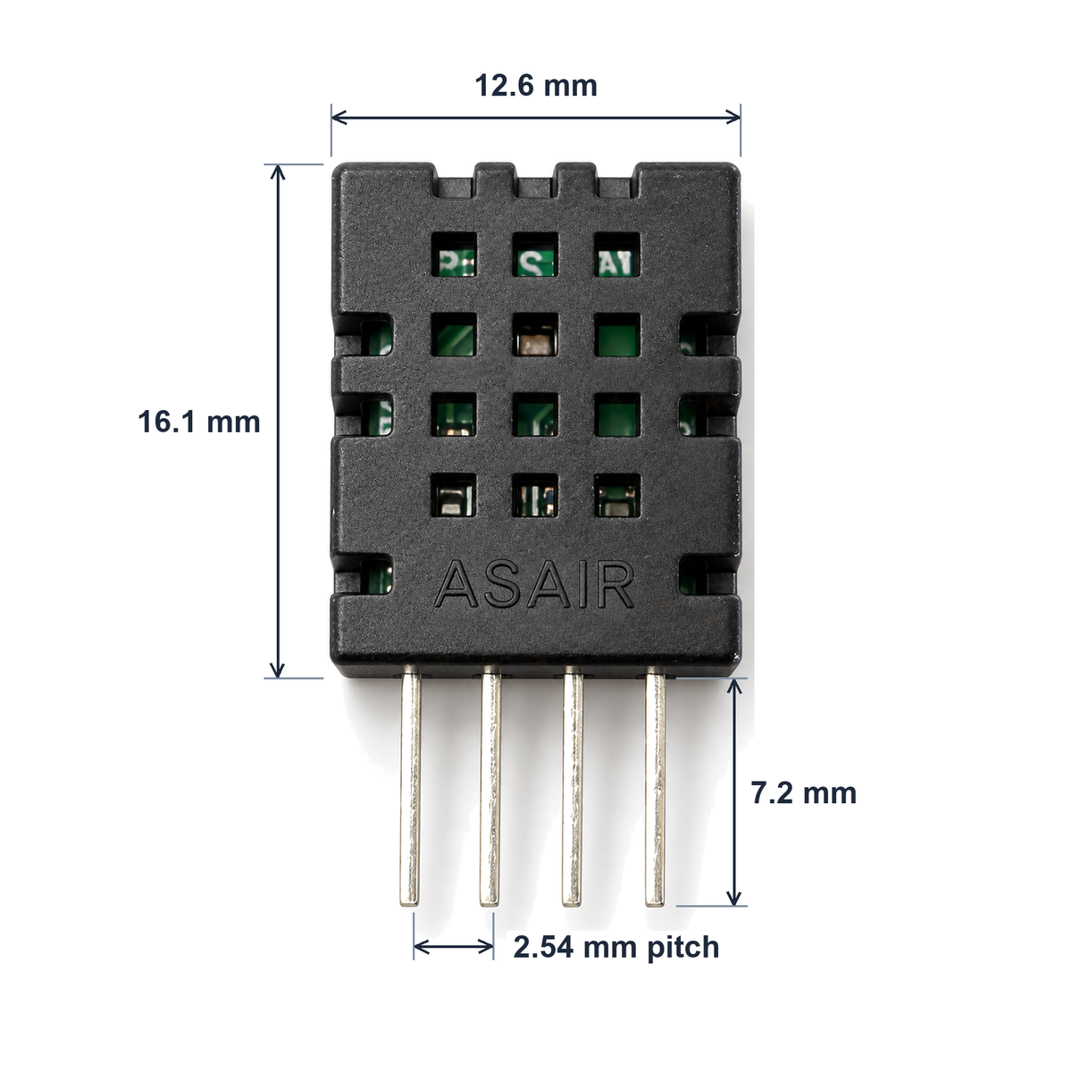 DHT20 dimensions: body 12.6 mm wide and 16.1 mm tall, pins 7.2 mm long at 2.54 mm pitch