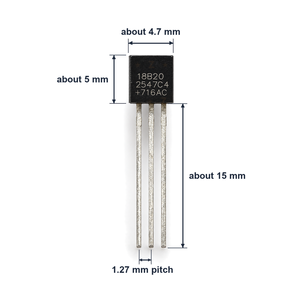 Approximate size: body about 4.7 mm wide and 5 mm tall, leads about 15 mm long at 1.27 mm pitch