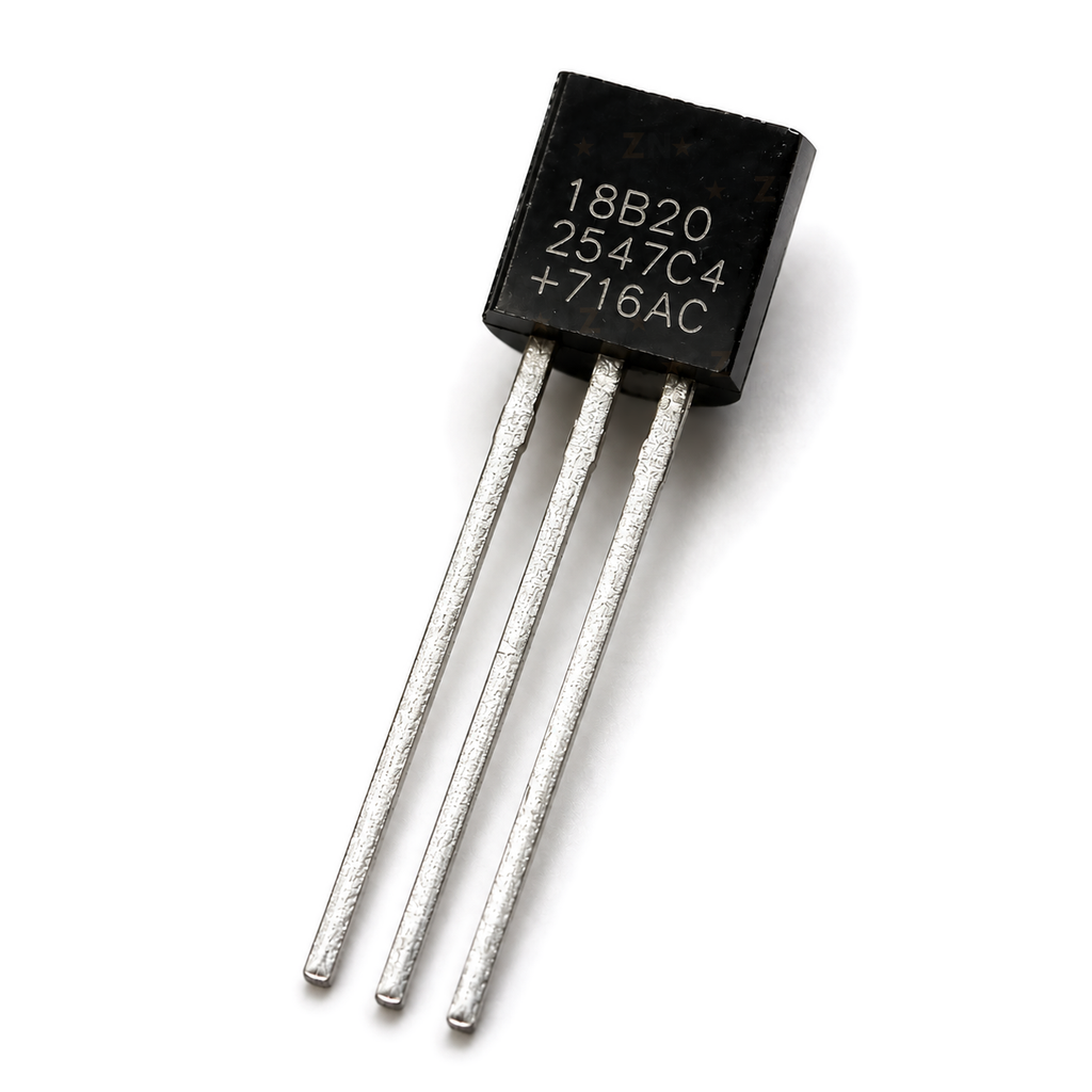 DS18B20-compatible TO-92 temperature sensor, flat face marked 18B20 with three straight tinned leads