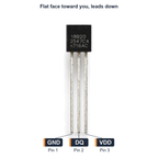 Pinout with the flat face towards you and leads down: pin 1 GND, pin 2 DQ data, pin 3 VDD