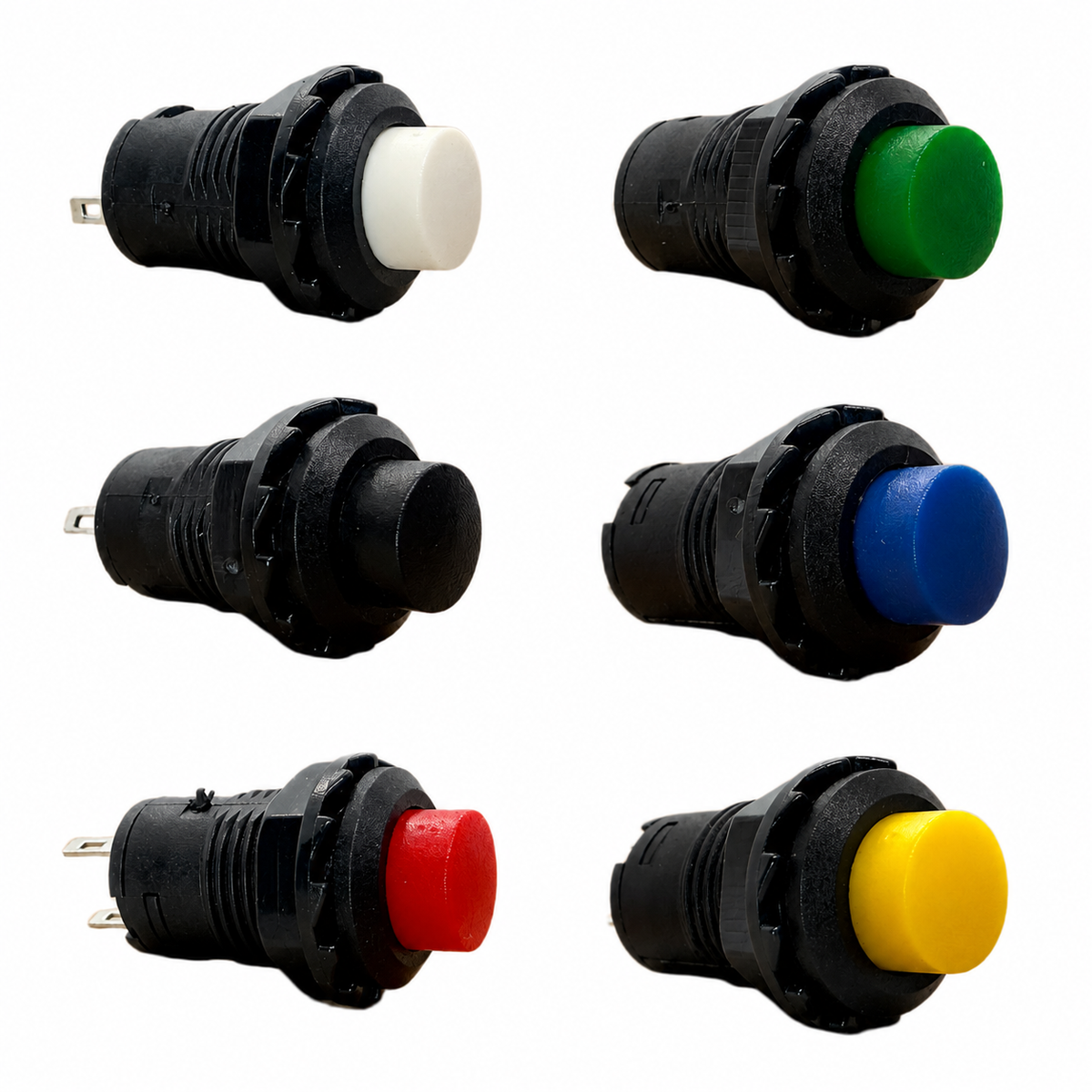 DS228 12mm panel mount push button switches in all six colours: white, green, black, blue, red and yellow