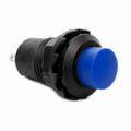 DS228 panel mount push button switch with a blue cap, showing the threaded barrel and two solder terminals