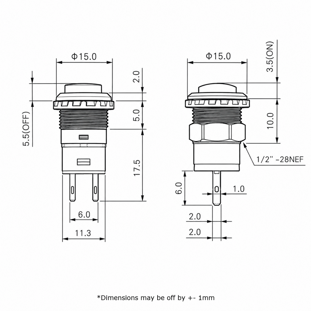 DS228 push button switch dimension drawing: 15mm cap, 1/2 inch 28NEF thread, 17.5mm body, 10mm behind panel, 6mm terminal pitch and 2mm button travel