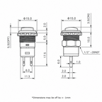 DS228 push button switch dimension drawing: 15mm cap, 1/2 inch 28NEF thread, 17.5mm body, 10mm behind panel, 6mm terminal pitch and 2mm button travel