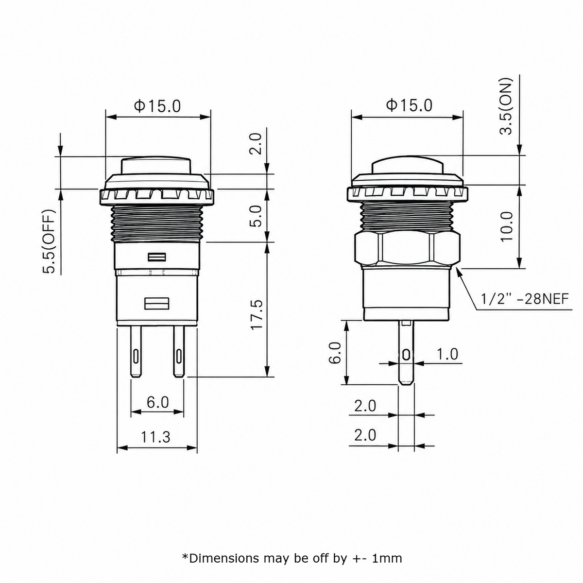 DS228 push button switch dimension drawing: 15mm cap, 1/2 inch 28NEF thread, 17.5mm body, 10mm behind panel, 6mm terminal pitch and 2mm button travel