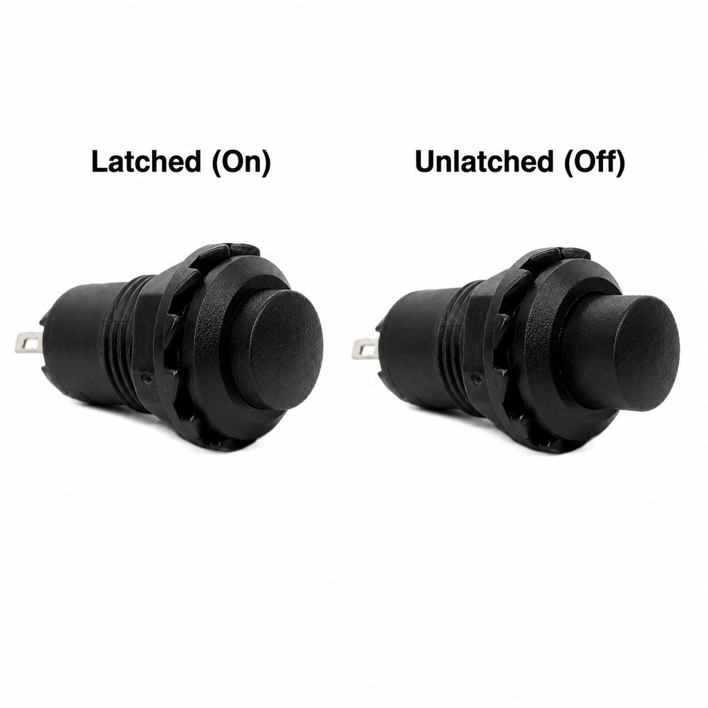 Two DS228 latching push button switches side by side, labelled latched on with the button pressed in and unlatched off with the button standing proud