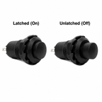 Two DS228 latching push button switches side by side, labelled latched on with the button pressed in and unlatched off with the button standing proud