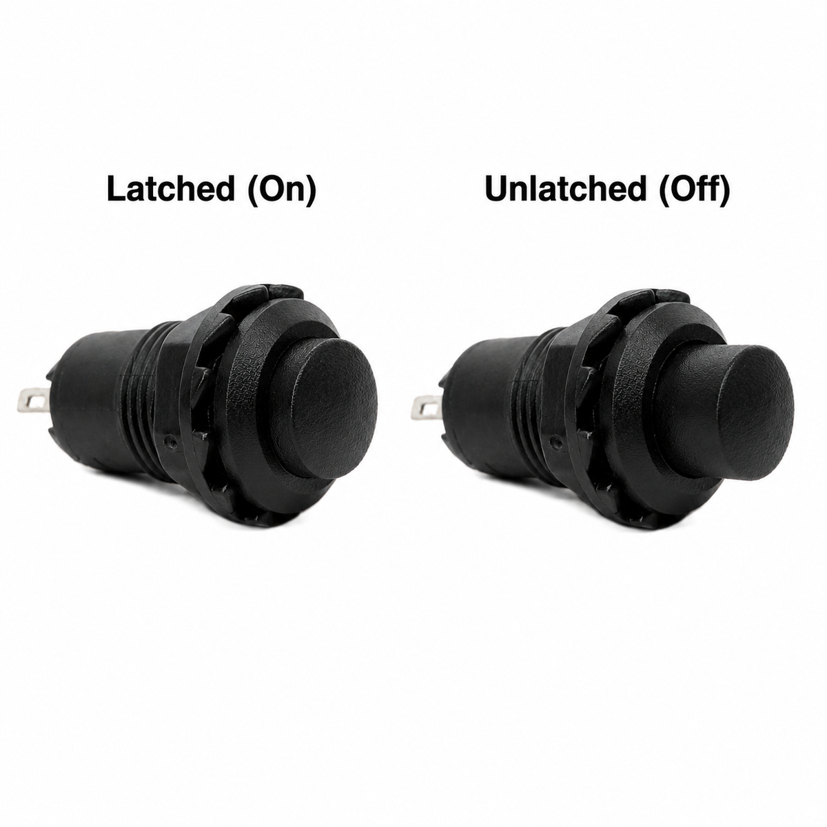 Two DS228 latching push button switches side by side, labelled latched on with the button pressed in and unlatched off with the button standing proud