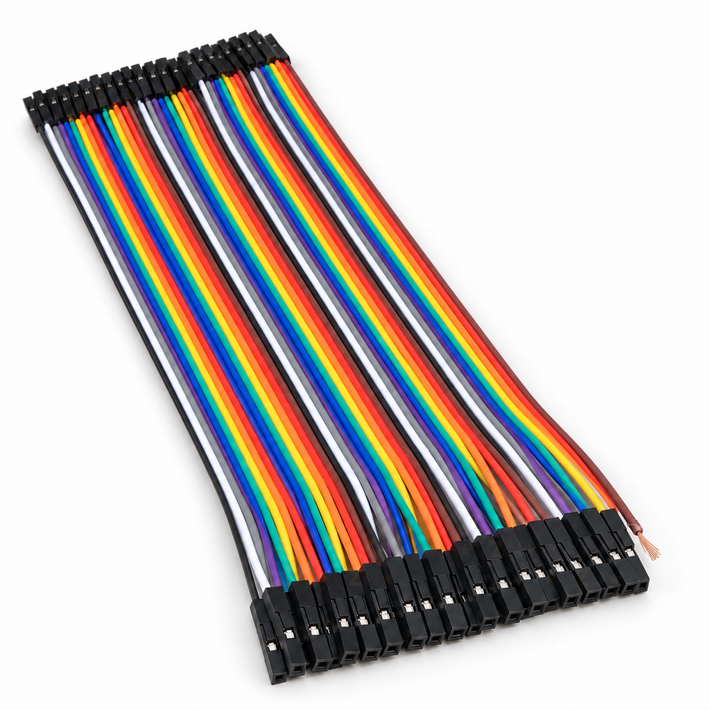 40-wire female to female Dupont jumper ribbon, 20cm, with one brown wire whose socket has come off, leaving bare copper strands