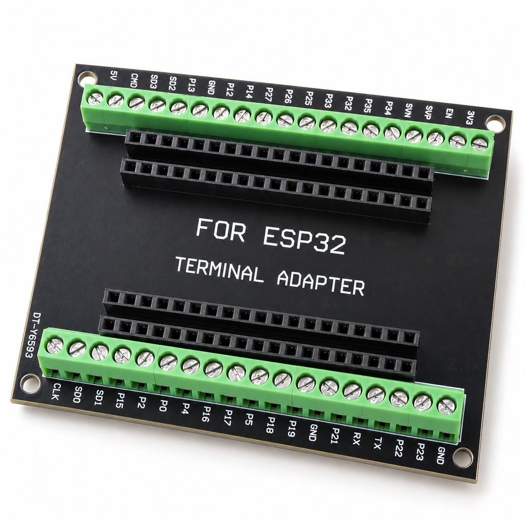 ESP32 38-pin screw terminal adapter with two green 19-way terminal blocks and four black socket rows, FOR ESP32 TERMINAL ADAPTER on the black board