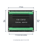 ESP32 terminal adapter dimensions: board about 77 x 63 mm, M3 mounting holes about 71.8 x 57.4 mm apart