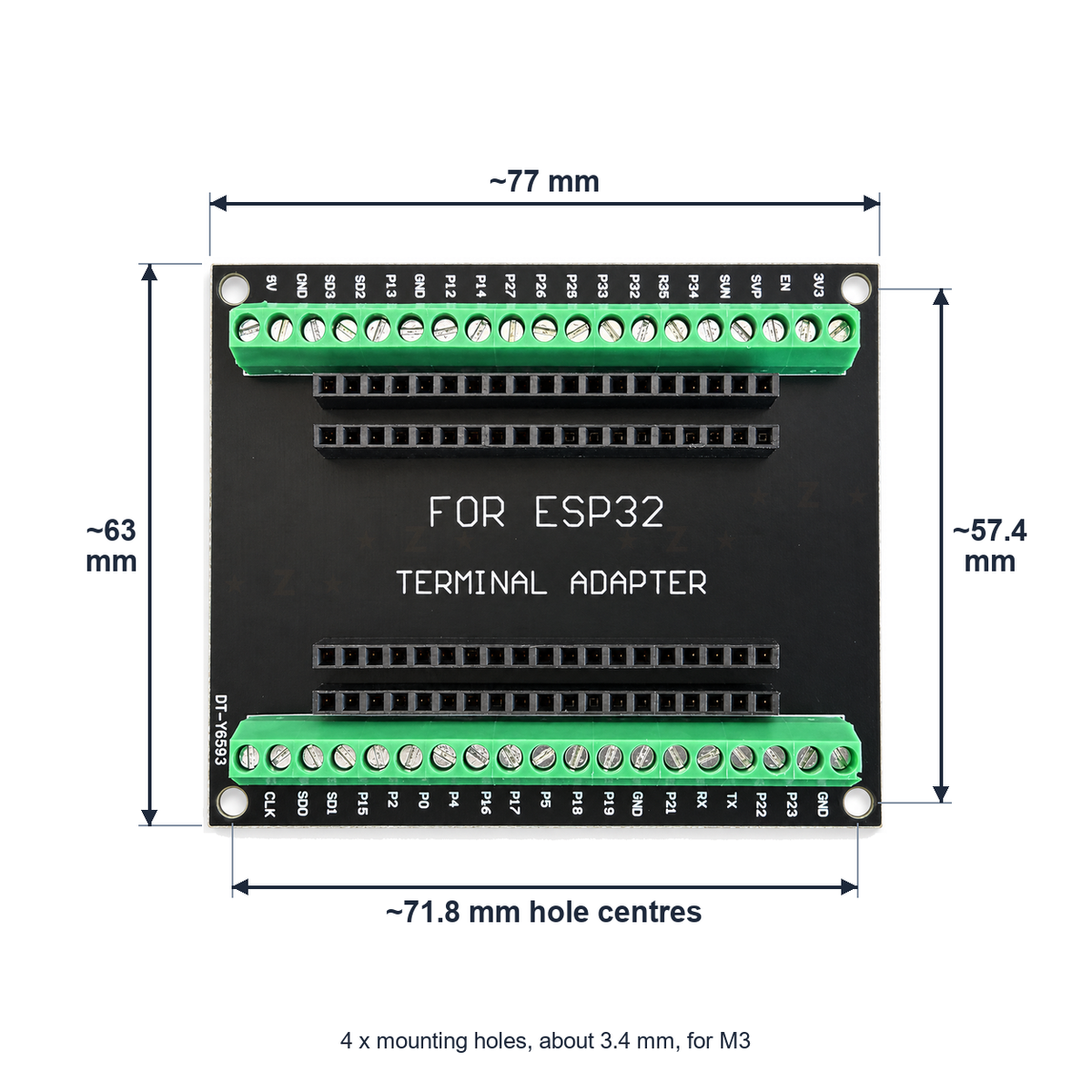 ESP32 terminal adapter dimensions: board about 77 x 63 mm, M3 mounting holes about 71.8 x 57.4 mm apart
