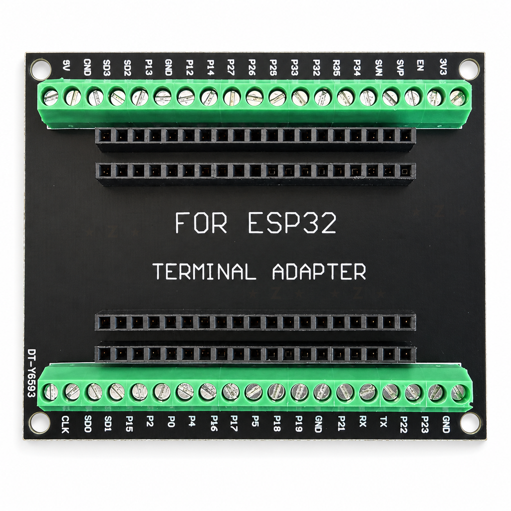 Top view of the ESP32 terminal adapter showing every pin label, 5V to 3V3 on one side and CLK to GND on the other