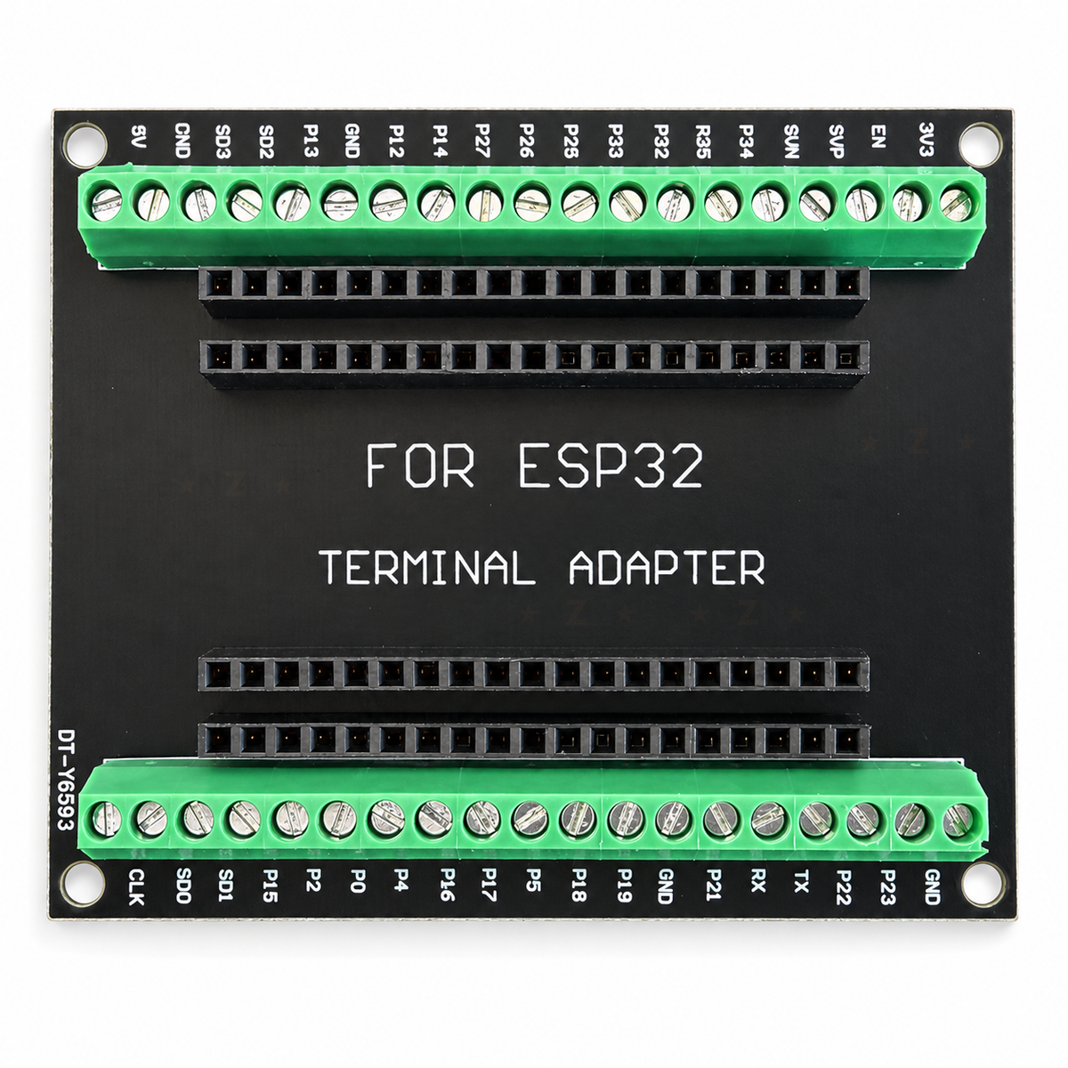 Top view of the ESP32 terminal adapter showing every pin label, 5V to 3V3 on one side and CLK to GND on the other
