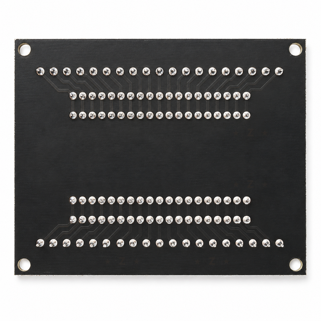 Underside of the ESP32 terminal adapter with the soldered terminal and socket joints and four corner mounting holes