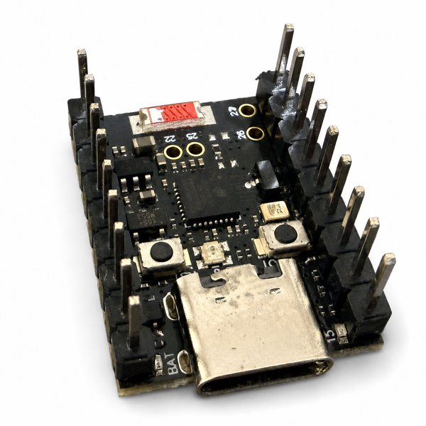 ESP32-H2 SuperMini clearance board with long header pins and black plastic housings soldered on the component face