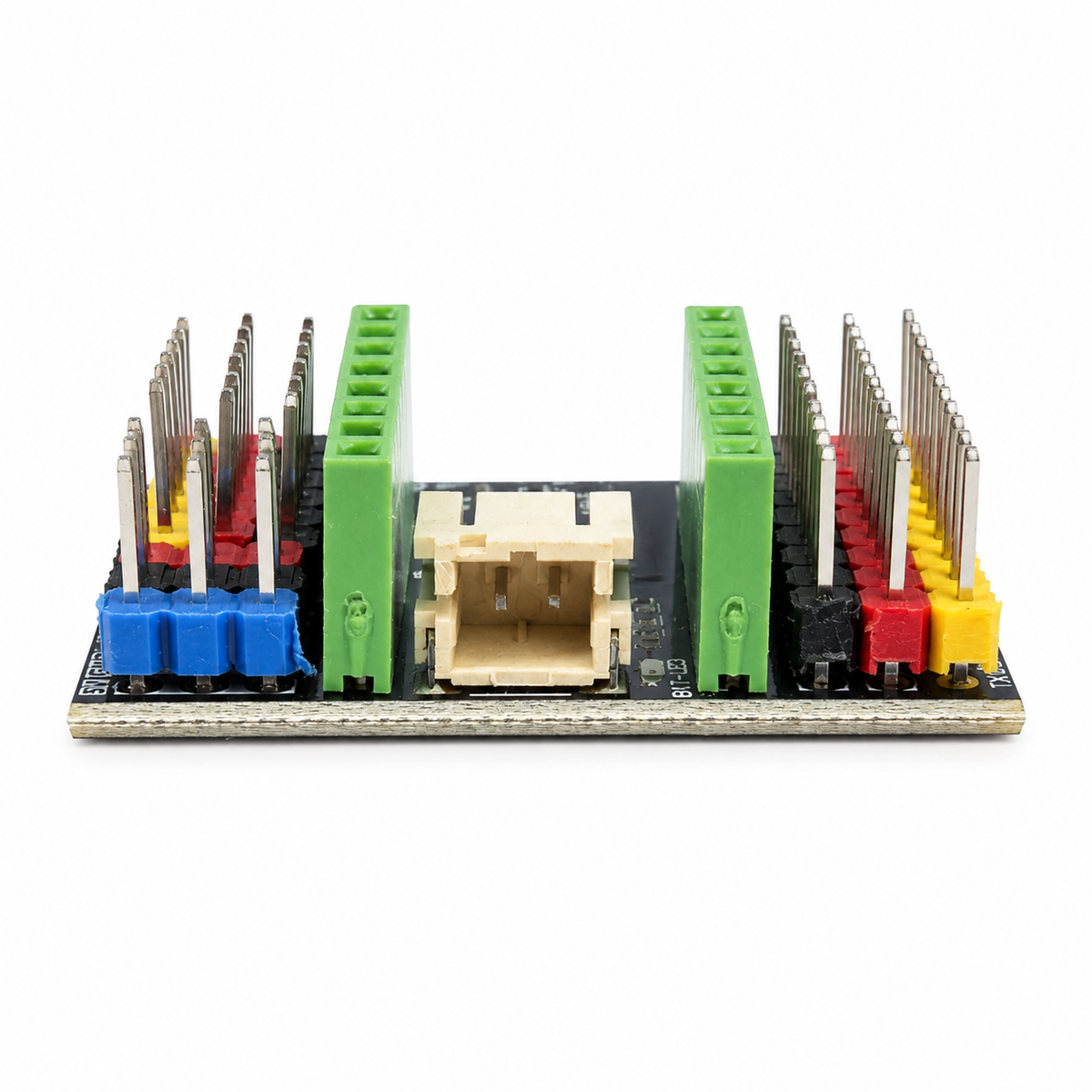 Front view of the ESP32-S3 SuperMini expansion board showing fitted headers and battery connector