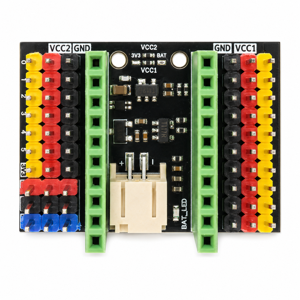 Top view of the ESP32-S3 SuperMini expansion board showing VCC1, VCC2, 3V3 and BAT selector markings