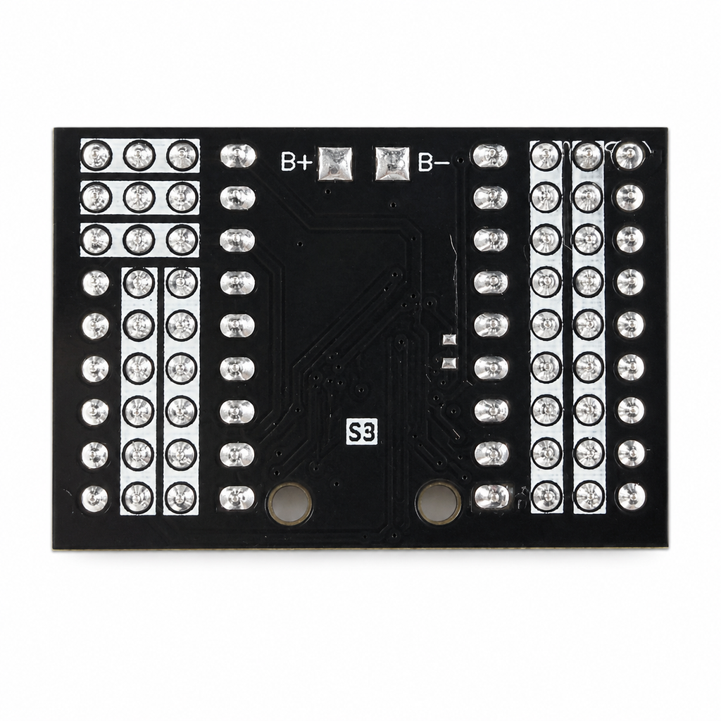 Underside of the ESP32-S3 SuperMini expansion board showing B plus and B minus solder pads