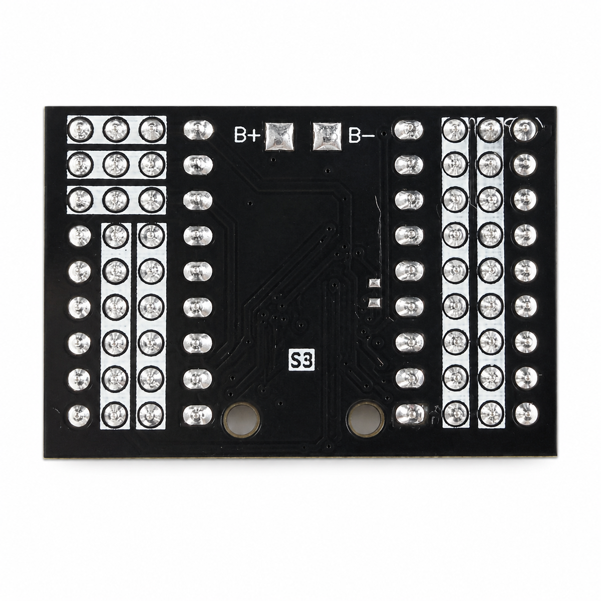 Underside of the ESP32-S3 SuperMini expansion board showing B plus and B minus solder pads