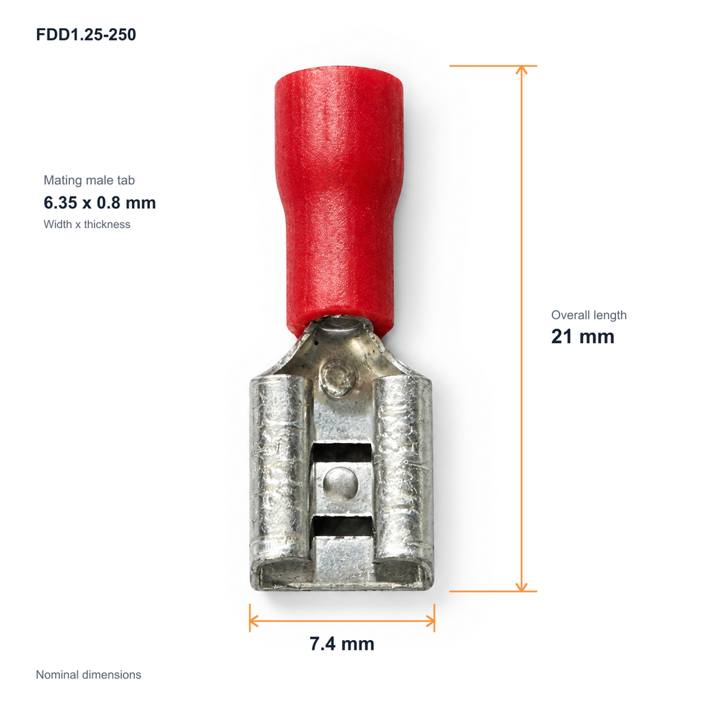 FDD1.25-250 nominal dimensions: 21 mm long, 7.4 mm wide, for a 6.35 x 0.8 mm male tab