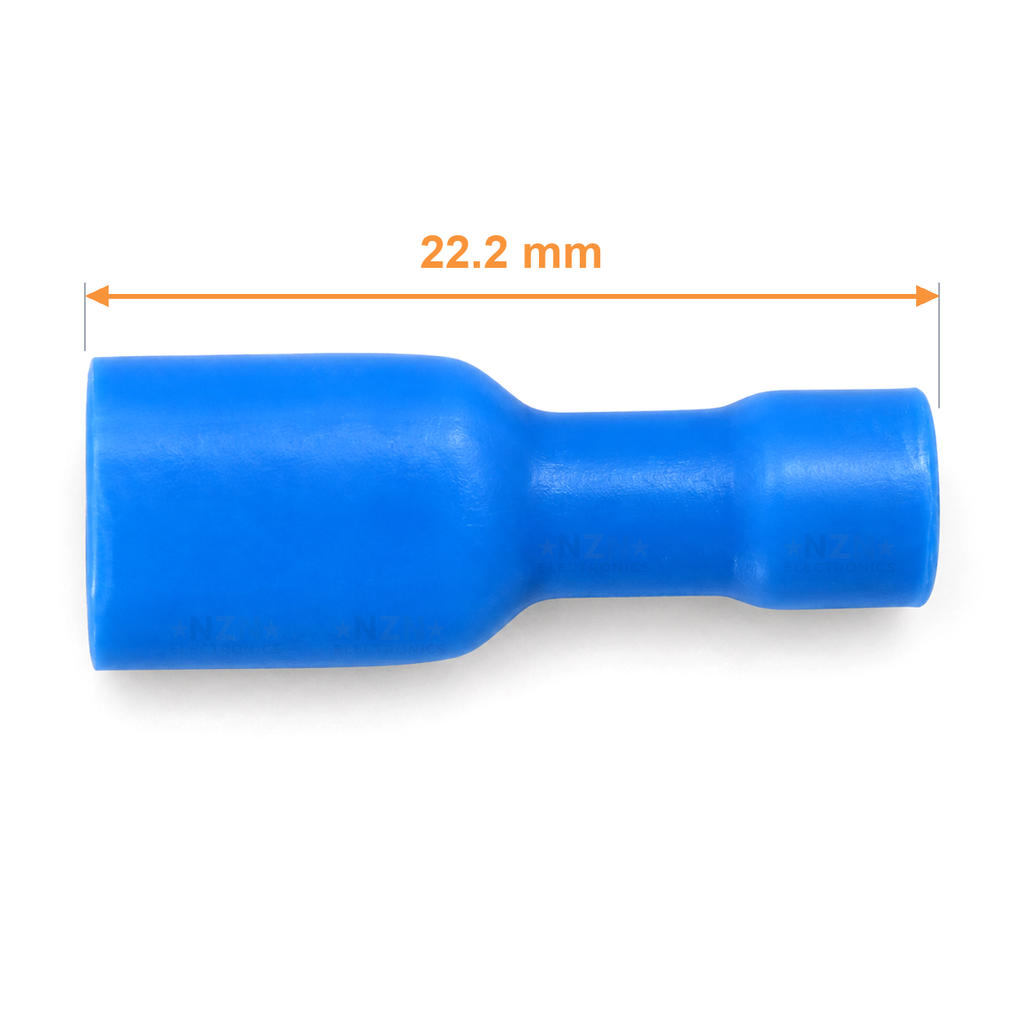 FDFD2-250 blue fully insulated female spade dimensions: overall length 22.2 mm