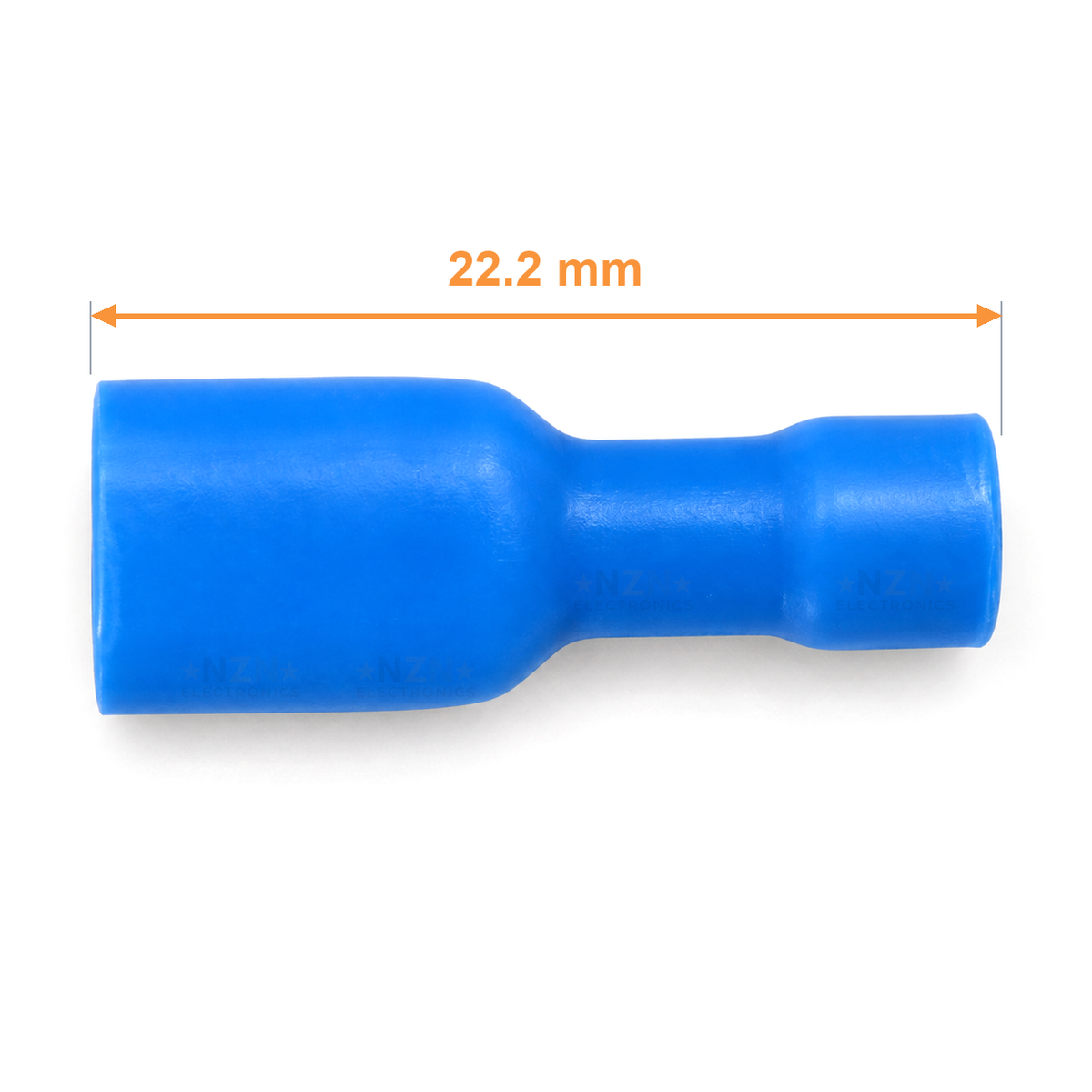 FDFD2-250 blue fully insulated female spade dimensions: overall length 22.2 mm