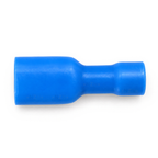 Top view of the blue fully insulated female spade showing the wide tab end and narrower wire entry