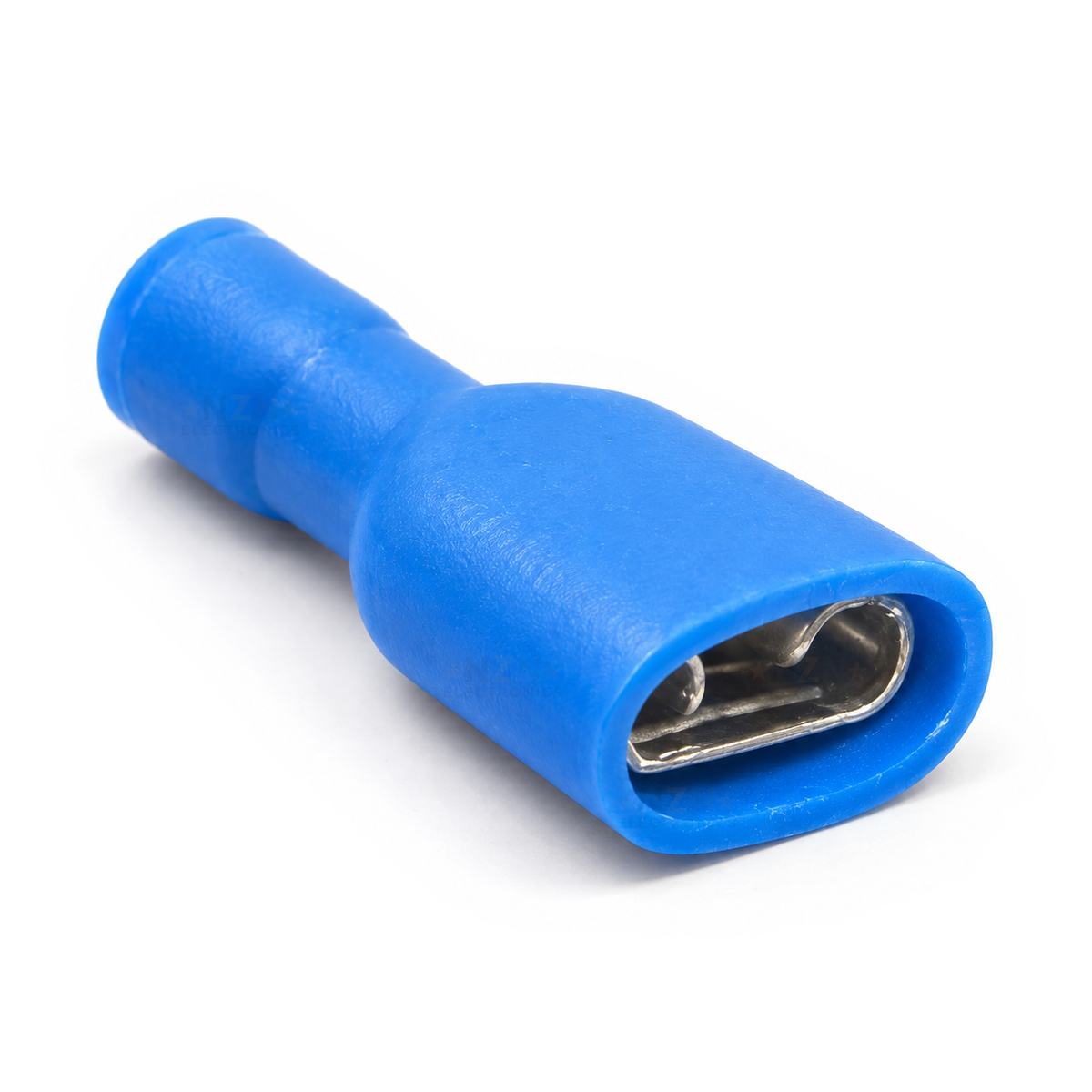 Blue FDFD2-250 fully insulated female spade terminal with the 6.3 mm receptacle recessed inside the blue sleeve