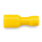 Top view of the yellow FDFD5.5-250 fully insulated female spade showing the wide tab end and the fatter wire-barrel sleeve