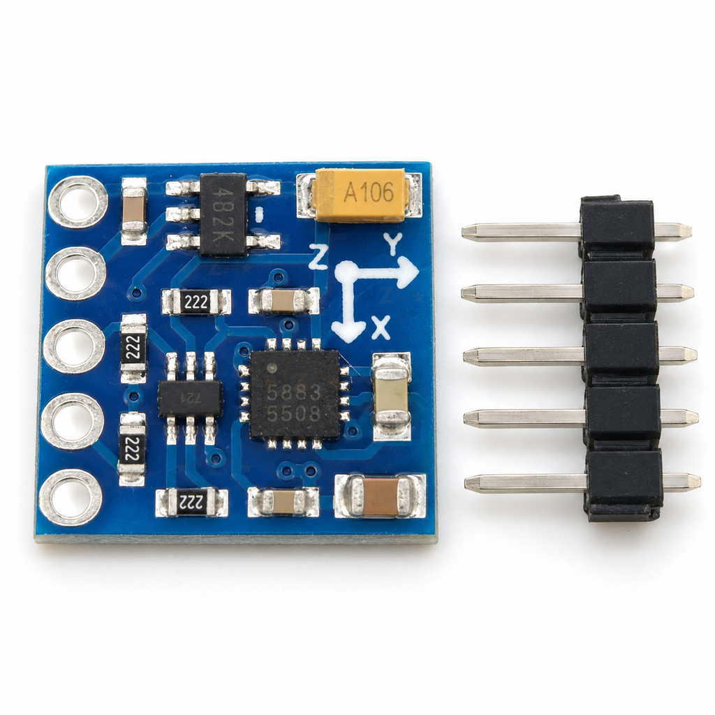 GY-271 QMC5883P magnetometer board, component side, with its loose 5-pin header