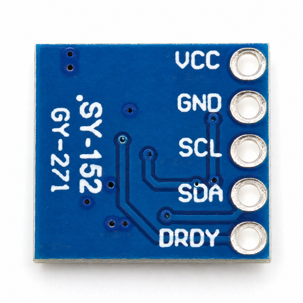 Back of the GY-271 board showing the VCC, GND, SCL, SDA and DRDY pin labels
