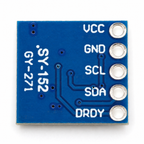Back of the GY-271 board showing the VCC, GND, SCL, SDA and DRDY pin labels