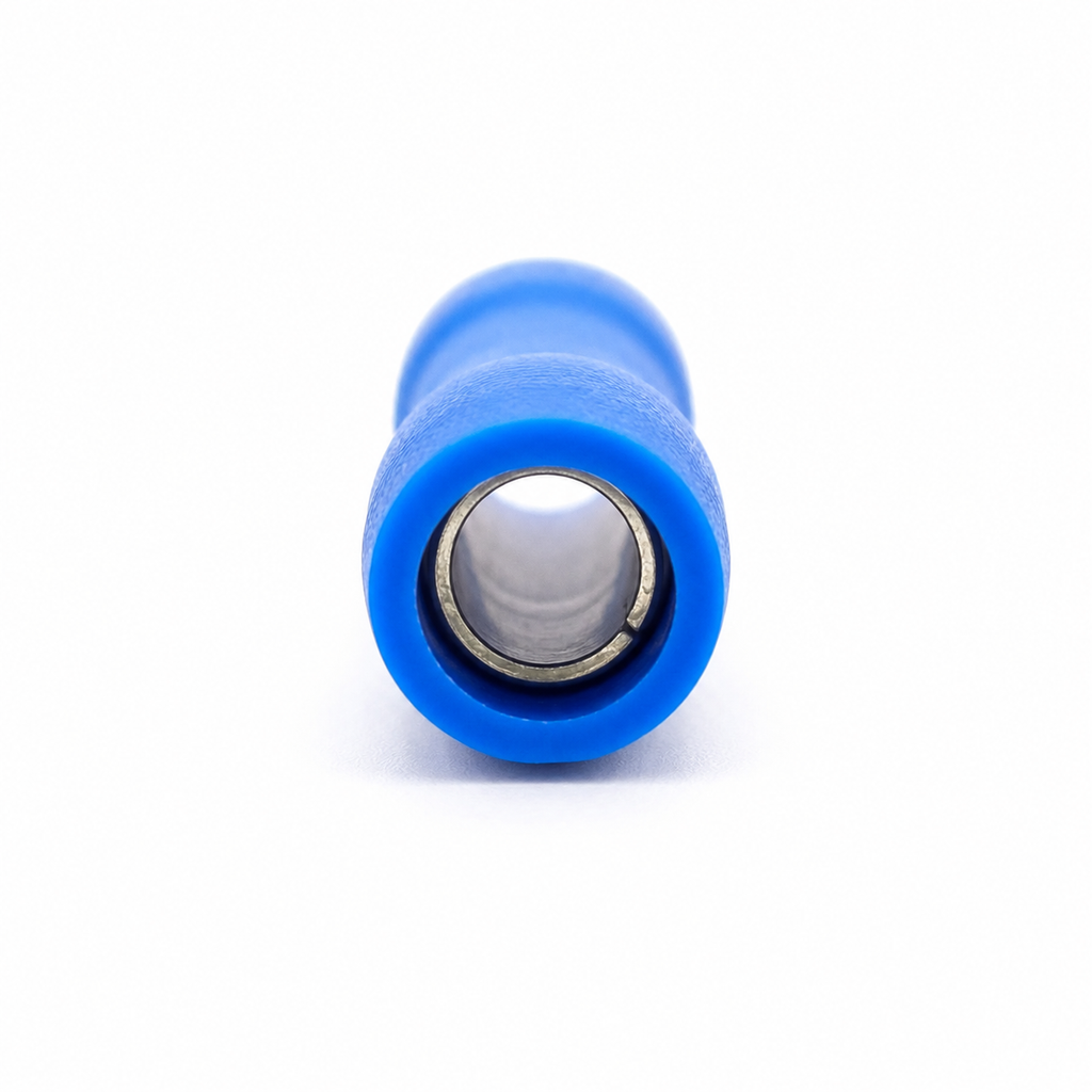 End-on view of blue butt connector showing the tin-plated brass barrel inside the PVC sleeve