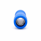 End-on view of blue butt connector showing the tin-plated brass barrel inside the PVC sleeve