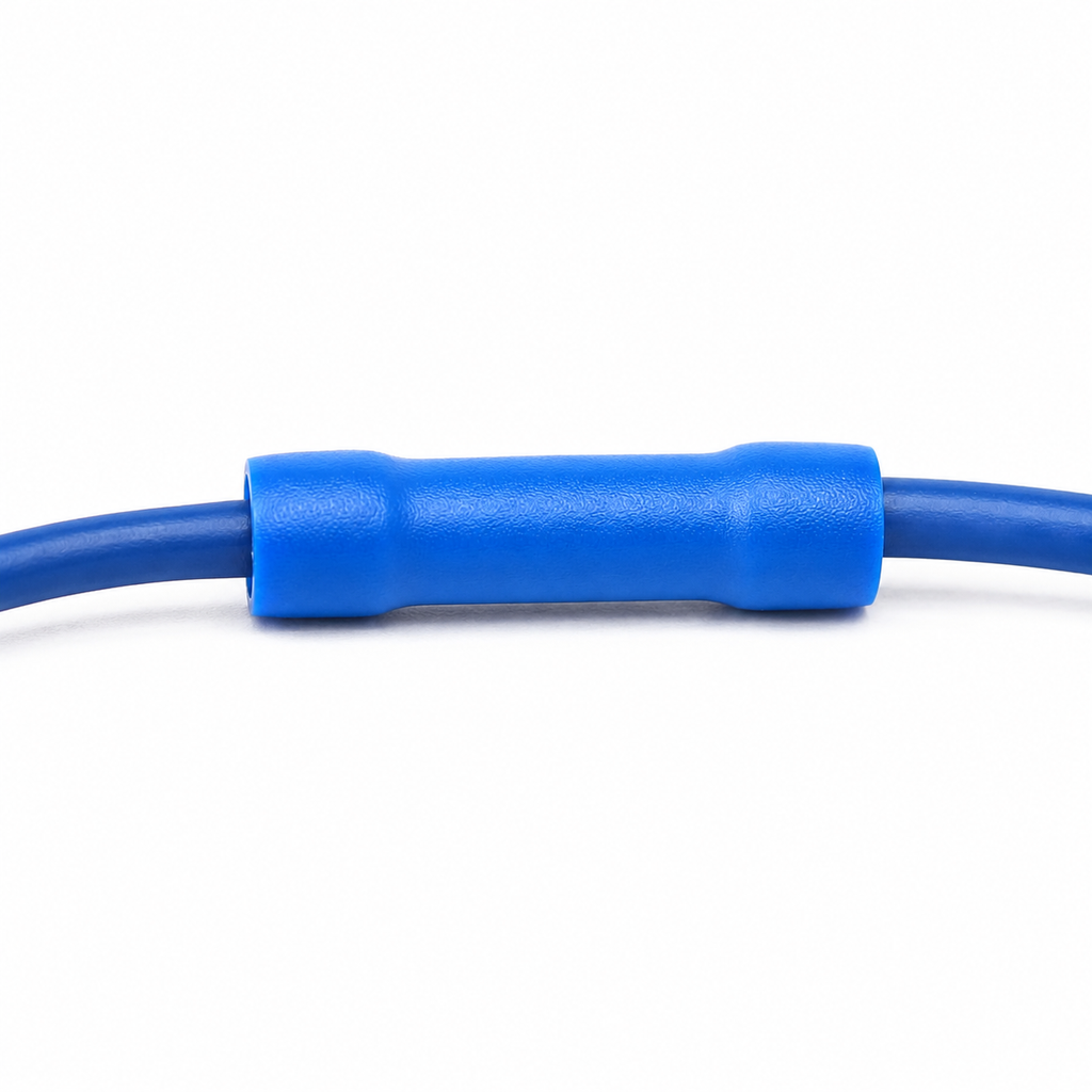 Blue butt connector crimped onto two blue wires joined end to end