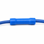 Blue butt connector crimped onto two blue wires joined end to end
