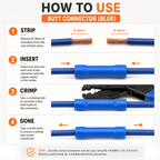 How to use a blue butt connector: strip 6-8mm, insert both wires, crimp each end, tug to test