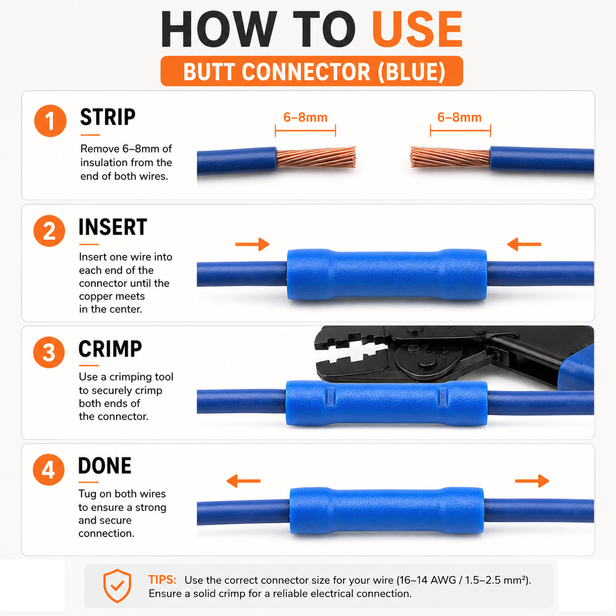 How to use a blue butt connector: strip 6-8mm, insert both wires, crimp each end, tug to test
