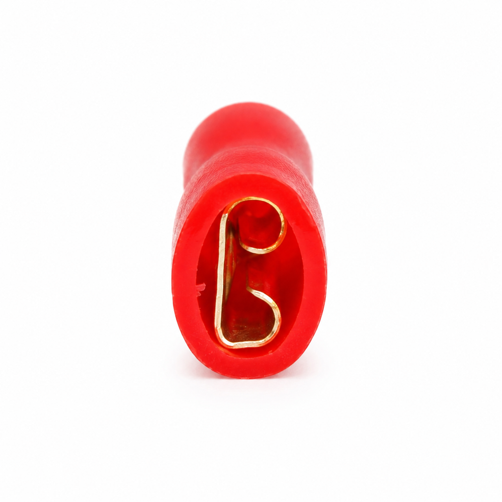 Front on view of the red insulated female spade terminal showing the tin plated brass receptacle inside the PVC sleeve