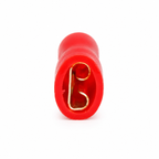 Front on view of the red insulated female spade terminal showing the tin plated brass receptacle inside the PVC sleeve