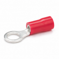 Red fully-insulated ring terminal with 4mm (M4) stud hole for 22–16 AWG wire