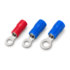 Red M4, blue M4 and blue M5 insulated ring terminals side by side, showing sleeve and ring sizes