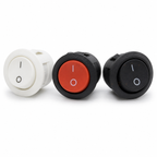 White, red and black KCD1-105 20mm round ON/OFF rocker switches, front view