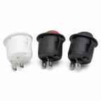 White, red and black KCD1-105 rocker switches, rear view showing two spade terminals