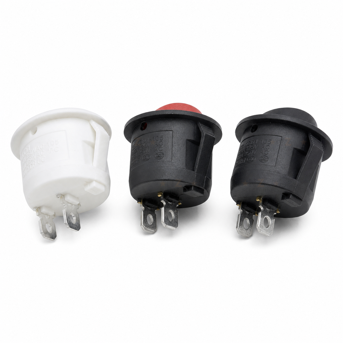 White, red and black KCD1-105 rocker switches, rear view showing two spade terminals