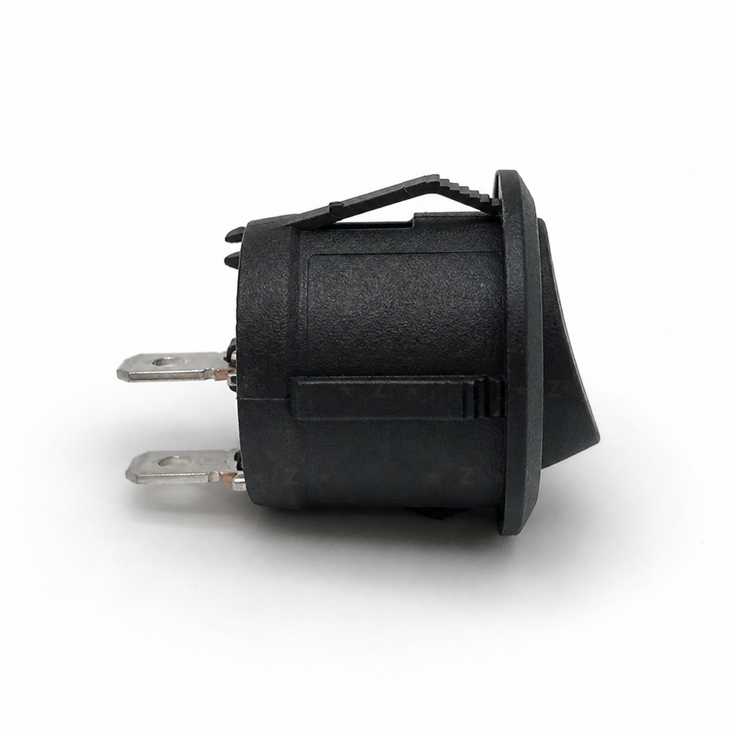 Black KCD1-105 rocker switch side view showing snap-in tabs and two terminals